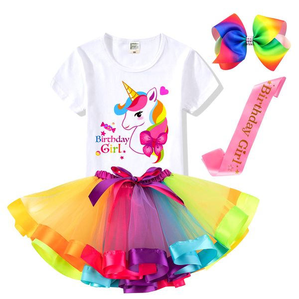 Unicorn Headband, T-Shirt, Tutu Dress & Satin Sash. Unicorn Birthday Party Outfit for Girls (Birthday Girl 4, 6 Years)