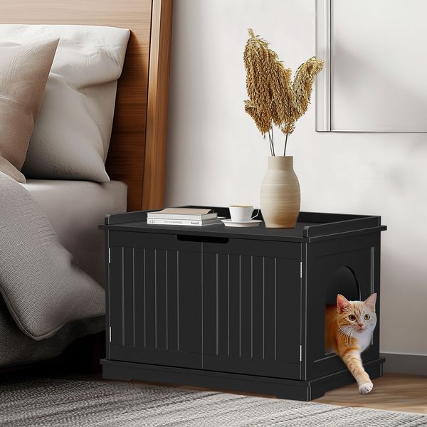 Wooden Cat Litter Box Enclosure Pet House Storage Cabinet Bench Indoor Black