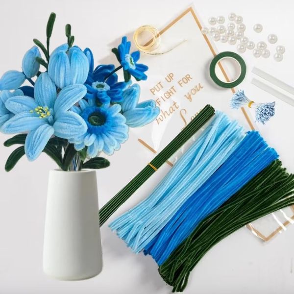 Blue Pipe Cleaner Kit With 150 Pcs Pipe Cleaners Colourful in 3 Colours(Dark Blue,Light Blue,Green),8 Pcs Green Floral Wire,40 Pearls,40 Stamen,Floral Tape,Glue Sticks,Flower Wrapping Paper and Ribbon