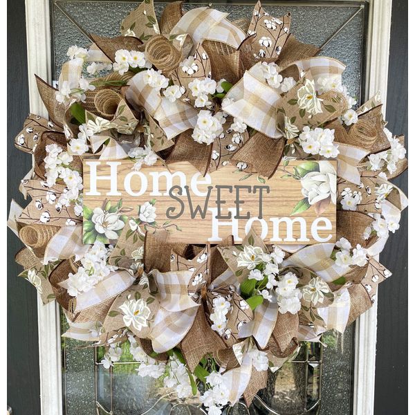 Home Sweet Home Magnolia & Cotton Deco Mesh Front Door Wreath Fall Spring Summer