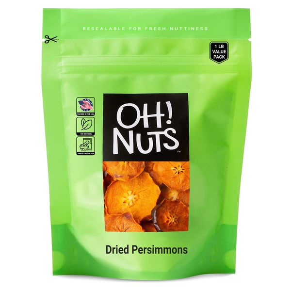 Oh! Nuts Dried Persimmons | Dry Fruits, Exotic Asian Snack Slices | Naturally Sweet, No Additives | In Resealable Stay-Fresh 1-Pound Bulk Bag | Healthy Nutrient Packed Kosher, Paleo, & Vegan Snacking