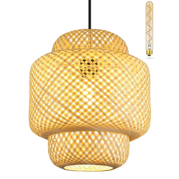 Rattan Pendant Lights Boho Light Fixture Bamboo Pendant Light Wicker Light Fixtures Ceiling Hanging Basket Chandelier Woven Pendant Light for Bedroom Dining Room Living Room Kitchen Foyer(Bulb Incl.)