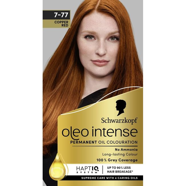 Schwarzkopf Oleo Intense Permanent Oil Colour 7-77 Copper Red Hair Dye, 100% Grey Coverage, Conditioner with HaptIQ System, Long-Lasting Colour, Ammonia Free Hair Dye