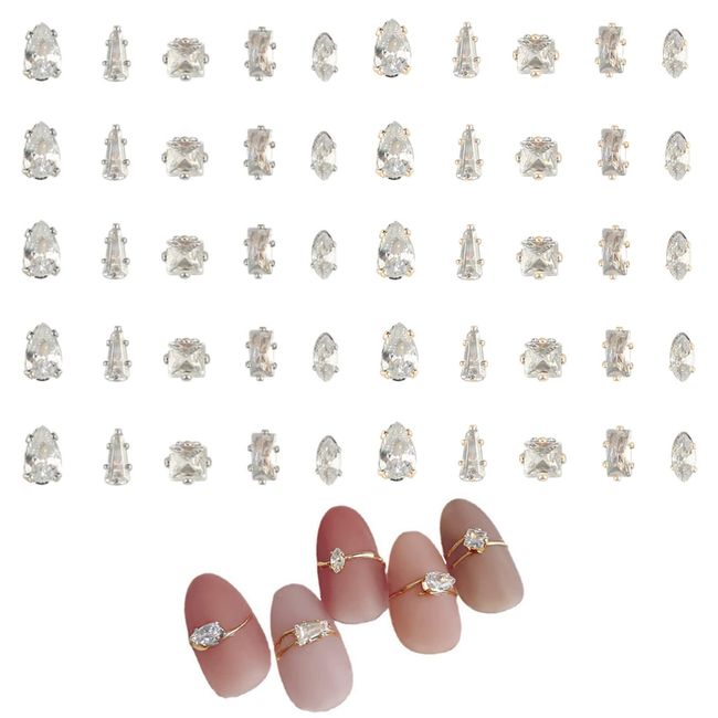 Nail Rhinestones with Base, Set of 50, Nail Parts, Stone, Small, Clear, Crystal, Square, Drops, Bijou Parts, Nail Art, Deco Parts