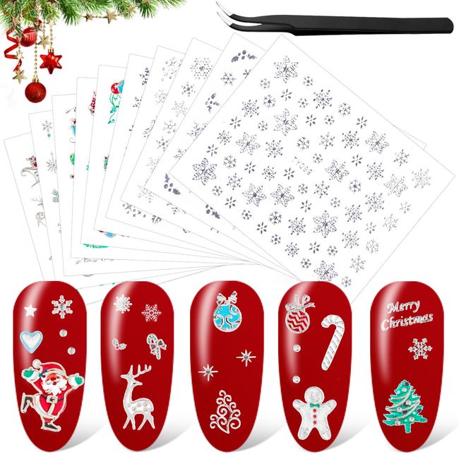 24 Sheets Christmas Nail Art Stickers, Ultralight 3D Self-Adhesive Snowflake Santa Clause Gel Nail Decals with Tweezers for Christmas Parties.