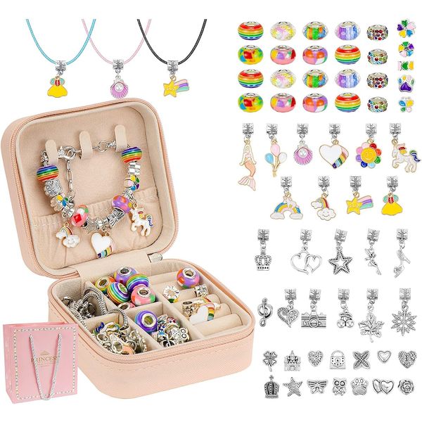 Hysagtek Jewellery Making Kit Girl Bracelet Making Kit 66 Pcs DIY Girls Charm Bracelet Making Kit Charm Bracelets for Girls Beads Necklace kit Jewelry Making Charm Pendants Craft with Box, Rainbow