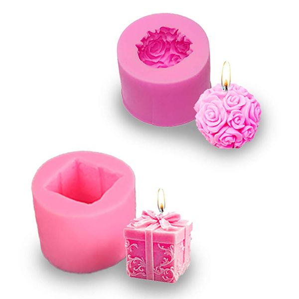 2 Pack Silicone 3D Rose Flower and Gift Box Candle Molds for Making DIY Soap,Candle, Chocolate, Decorating Gifts and Craft Work