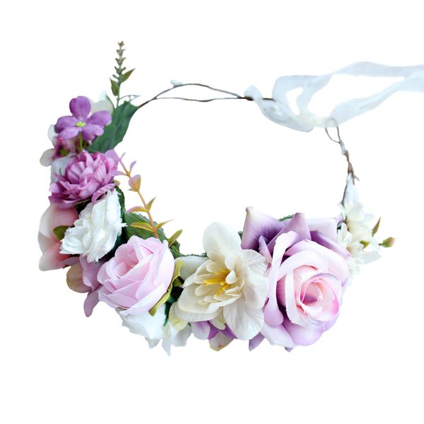 LLinfflr Rose Flower Crown Flower Garland Headband Hair Wreath Floral Halo Headpiece Boho with Ribbon Wedding Party Photos Pink