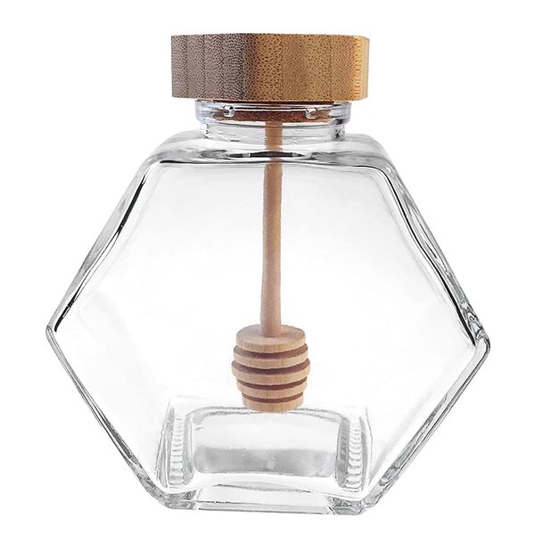 QUUPY 1PC 380ml /12.85Ounce Empty Glass Refillable Honey Pot Jar with Wooden Dipper and Cork Lid Cover Hexagon for Home Kitchen Shape Pot Container