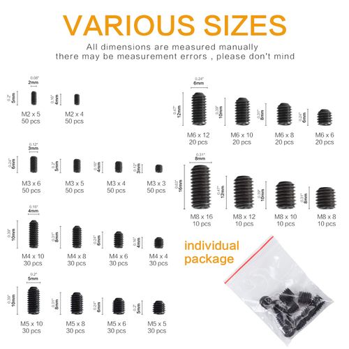 TOTFSTNR 666Pcs Internal Hex Drive Cup-Point Screws Assortment Kit, 22 Sizes M2/3/4/5/6/8 Set Screw Set for Door Handles, Faucet, Light Fixture, 12.9 Class Alloy Steel (Black)