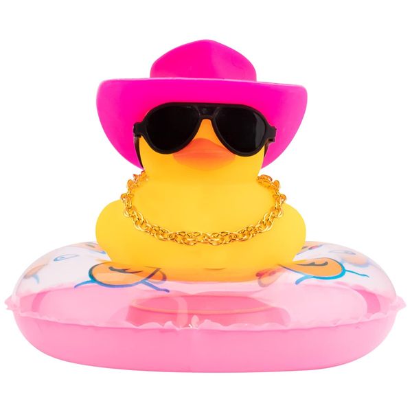 wonuu Pink Car Accessories Rubber Duck Decoration Dashboard Car Ornament with Swim Ring Necklace Mini Cowboy Hat and Sunglasses