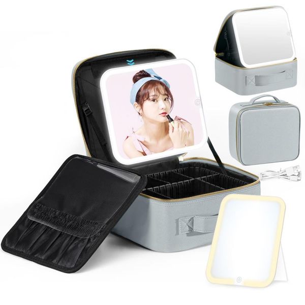 Makeup Box Luxspire Cosmetic Box Makeup Brush Bag Mirror with LED Light 3 Color Light Stepless Dimming EVA Makeup Pouch Cosmetic Pouch Makeup Pouch Handheld Size: 26*23*11CM Professional Divider Compact Dustproof Adjustable Divider Commuting/Traveling Fun