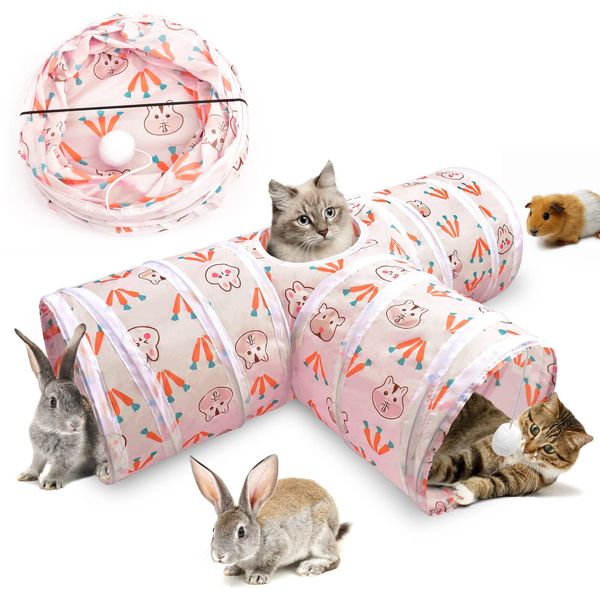 Rabbit Tunnel,ERKOON 3-Way Cat Tunnels Rabbit Toys Kitten Tunnel Rabbit Cats Play Tunnel Cat Pop-up Tunnel, Foldable Tunnel Toy for Kitten, Rabbits,Hamster,Small Dogs(pink)