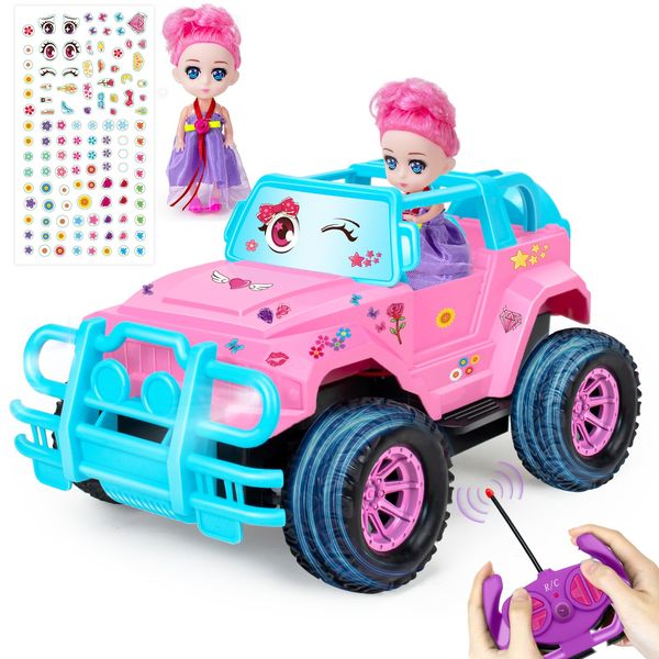 YongnKids Remote Control Car for Kids, 1:20 Scale Rc Trucks for Girls Age 4-7, Pink Rc Cars Toys for Ages 5-7 8-13 Boys Girls Birthday Gift, Off Road Trucks with Mini Doll & DIY Sticker