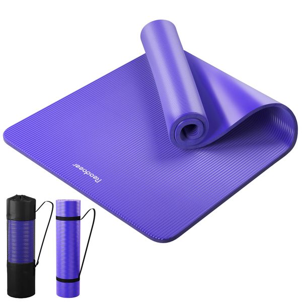 Reodoeer Yoga Mat, Training Mat, Exercise Mat with Storage Band and Storage Bag, 10mm Thick (Purple)