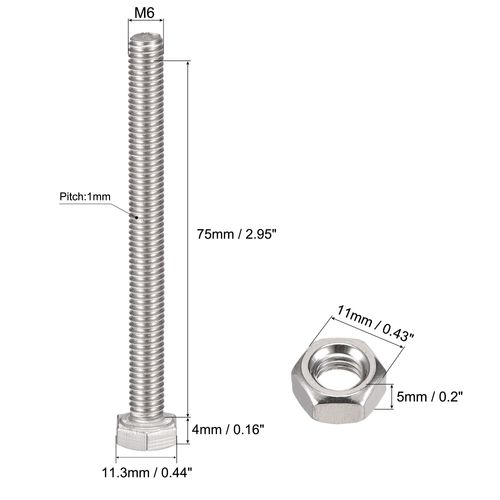sourcing map M6 x 75mm Hex Head Screws Bolts, Nuts, Flat & Lock Washers Kits, 304 Stainless Steel Fully Thread Hexagon Bolts 6 Sets
