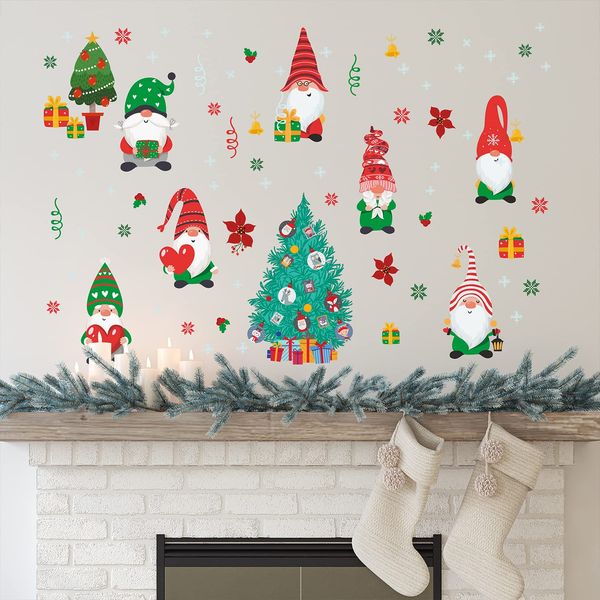 WALPLUS 80x140cm Christmas Combo Decorations Wall Stickers Christmas Gnomes Around The Tree Wall Art Window Display Clings Display Decals Living Room Home Living Room Bedroom DIY Gift