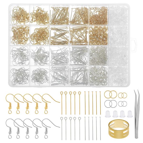 2000Pcs Earring Making Kit, Hypoallergenic Earring Findings Earring Making Supplies Include Gold/Silver Earring Backs, Earring Findings,Earring Pins Jump Rings Earring Hooks for DIY Jewelry Making