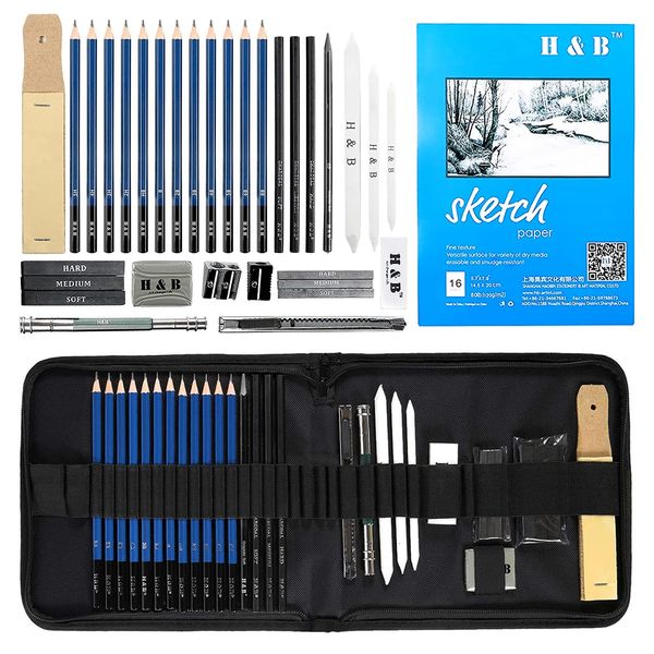 H & B Sketch Pad and Pencils Set 33 Pcs, Art Supplies Art Kit with Sketch Book Drawing Charcoal Pencil Eraser Sharpener Pencil Extender & Canvas Art Bag for Artist Beginners Kids Adults