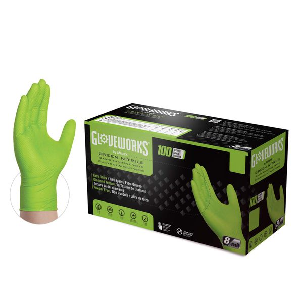 GLOVEWORKS HD Green Nitrile Industrial Disposable Gloves, 8 Mil, Latex-Free, Raised Diamond Texture, X-Large, Box of 100