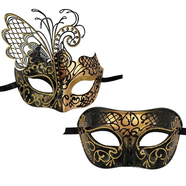 XVEVINA Couples Pair Mardi Gras Venetian Masquerade Masks Set Party Costume Accessory (Black Gold Couples)