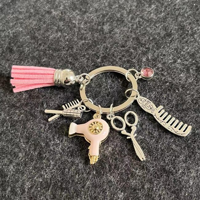 tenghong2021 Cute Hairdresser Comb Scissors Hair Dryer Keychain Tassel Black Diamond Charm Gift Hair Stylist Jewelry -Pink