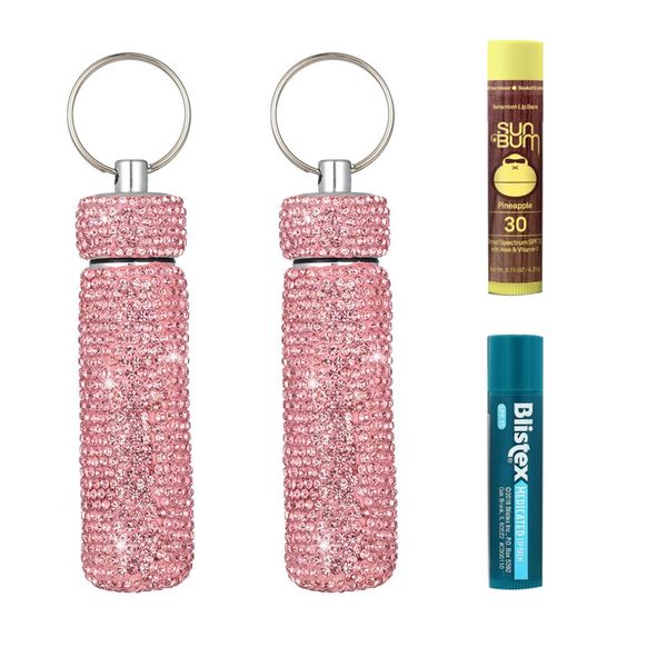 Paobteiy 2 Pack OG Vacuum Insulated Lipstick and Lip Balm Keychain Holder with diamonds, Stainless steel design prevents lip balm from melting, smudging and moisture.(Pink）