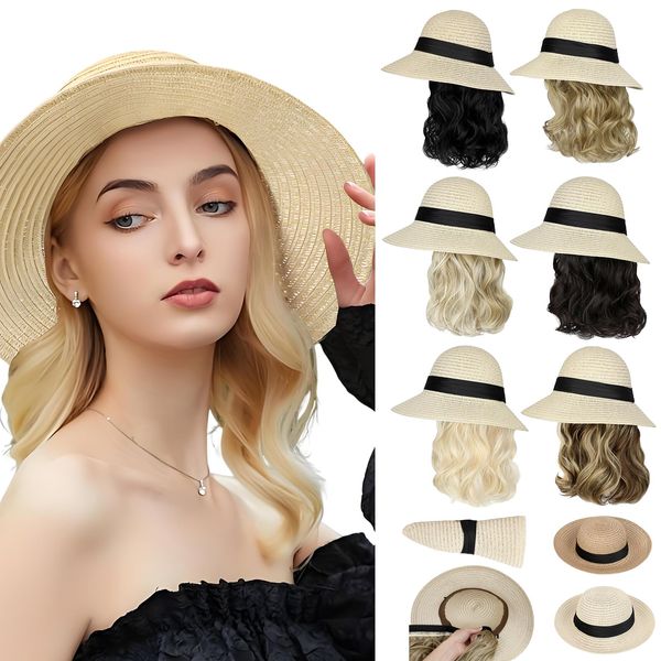 Cephermer Sun Hat, Straw Hat Wig Detachable Adjustable Hat with 12 Inch Synthetic Wavy Hair Extensions Foldable for Women Summer Beach Outdoors Bleach Blonde