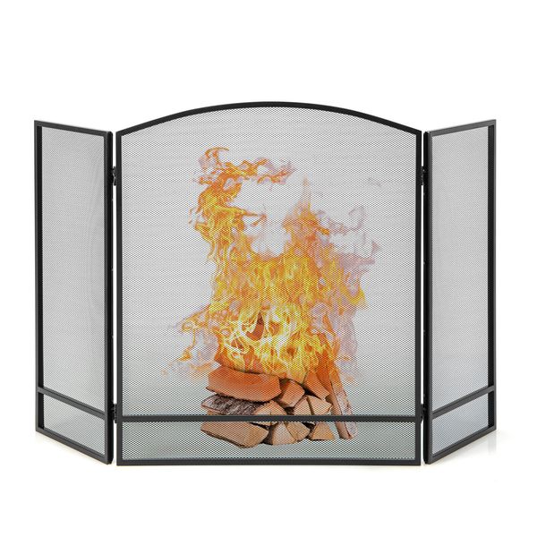 3-Panel Fireplace Screen Foldable Wrought Metal Iron Mesh Fire Spark Guard Black