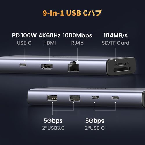 UGREEN Revodok 109 USB C Hub 9-IN-1 [USB-A*2+USB-C*2] USB 3.0 Hub 4K 60Hz HDMI Hub Type-C PD100W Fast Charging USB-C 5Gbps High Speed Transfer with SD Micro SD/TF Card Reader Type C Adapter Compatible