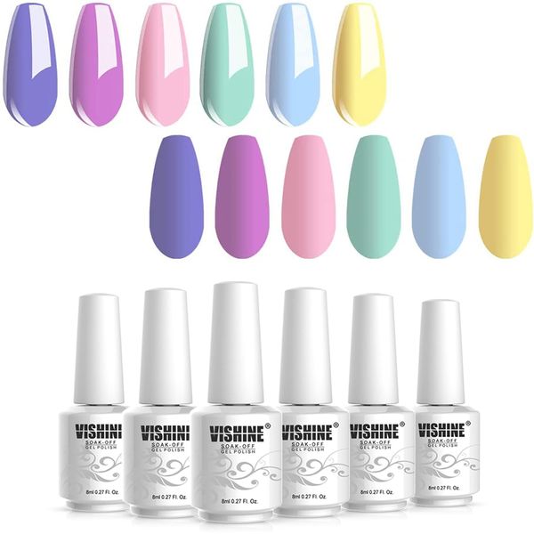 Vishine Semipermanente Smalto per Unghie Gel UV LED Smalto per Unghie Soak Off Kit per Principianti 6 Colori Amaretto Viola Rosa Vleu Giallo Verde 8ml