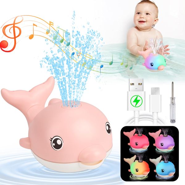 2024 Upgraded Bath Toys, Rechargeable Baby Bath Toys, Dolphin Spray Water Light Up Musical Toys 6-12 12-18 Months, Sprinkler Water Pool Bathtub Toys for Toddlers 1-3 2-4 Boys Girls Infant Kids - Pink