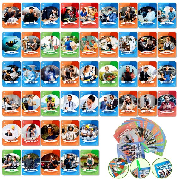 50PCS Occupational Cognition Flashcards for Kids,Waterproof Common Occupations Education Flash Cards, Children's Professions Educational Card, Double-Sided Toy Cards for Toddles