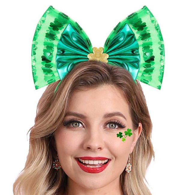 DRESBE St. Patrick's Day Green Headband Irish Shamrock Bow headbands Bowknot Hair Accessories for Women and Girls (B)