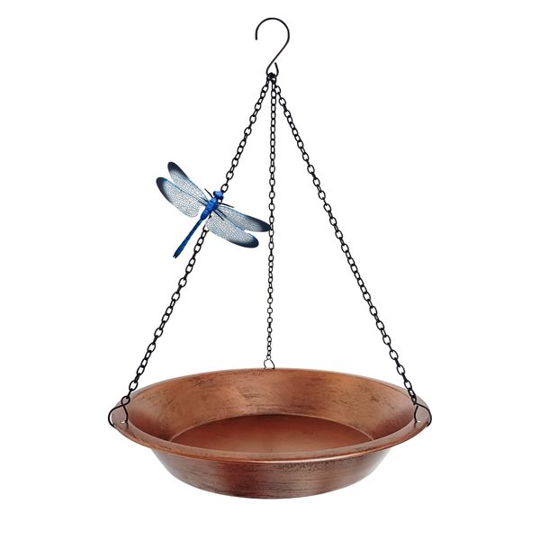 Keygift Hanging Bird Bath for Outdoor, Antique Copper Metal Bird Feeder Birdbath Bowl with 17” Rust-Proof Black Chains for Garden Backyard Decor