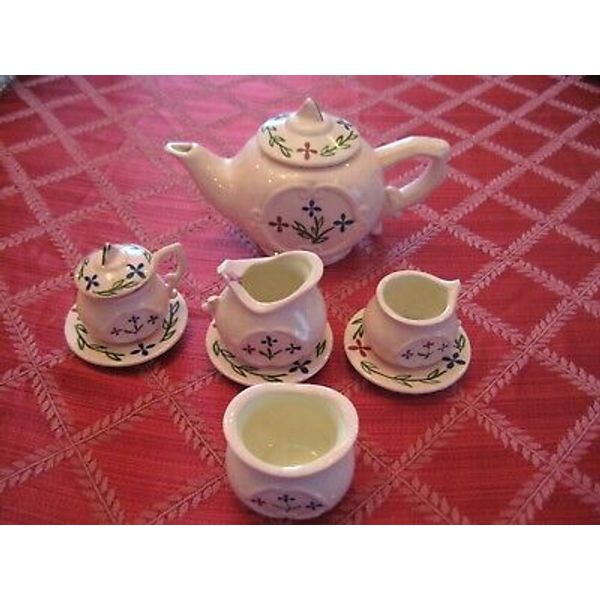 Vtg '74 Hand Painted Child Tea Set 10 PC Floral Pot Cups Creamer Sugar Pink