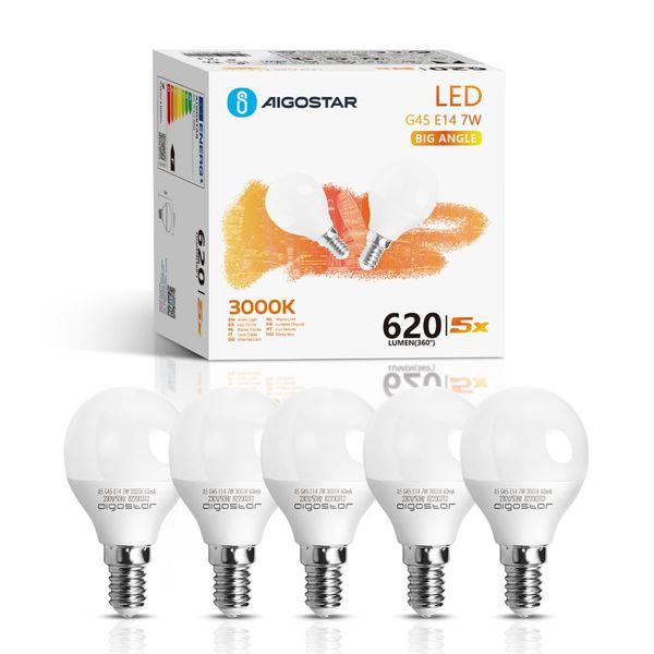 Aigostar E14 Small Edison Screw Golf Ball Bulb, G45 SES LED Light Bulbs 7W(49W Equivalent) 620LM, 3000K Warm White E14 LED Bulb, 5 Pack