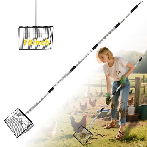 10inch Large Metal Chicken Poop Scooper, 5-in-1 Detachable Chicken Coop Scoop Rake, 24-68 inches Long Stainless Steel Handle, Chicken Litter Scoop Sifting Shovel Chicken Coop Scooper for Sand Cat