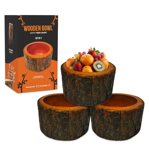 Wooden Bowl with Tree Bark Set of 3, Rustic Accent Home Decoration for Counters and Tabletops, Round Mango Serving Bowls for Salad Veggies and Fruits, Wood Decorative Bowl for Kitchen Decor