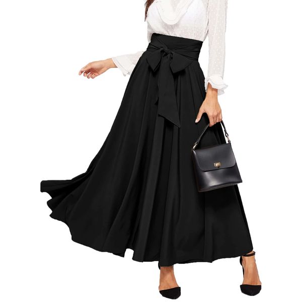 SweatyRocks Women's Elegant High Waist Skirt Tie Front Pleated Maxi Skirts Black XXL