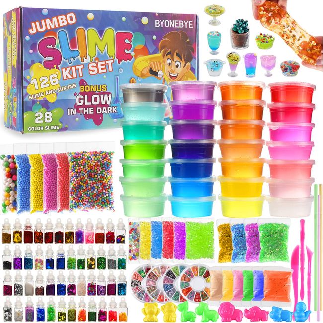 126 Pcs DIY Slime Making Kit for Girls Boys - Birthday Idea for Kids Age 5+. Ultimate Fluffy Slime Supplies Include 28 Crystal Slime, 2 Glow in The Dark Powder, 48 Bottle Glitter Jar etc.