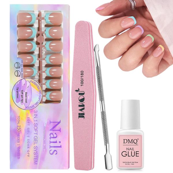 DMQ French Press On Nails Short, 150Pcs Brighter Pastel French Tip False Nails Kit with Glue, Square Fake Nail Tips, Full Cover Stick on Nails French Nail Art Manicure Decorations