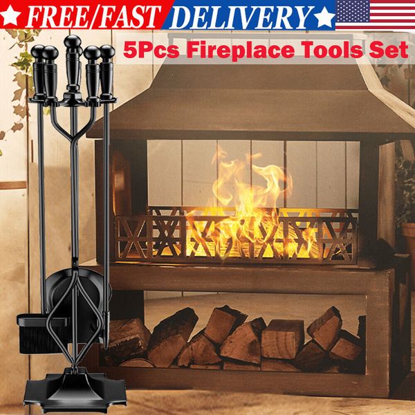 5 PCS Fireplace Tools Set Wrought Iron Fire Place Tool Set Holder Indoor Outdoor