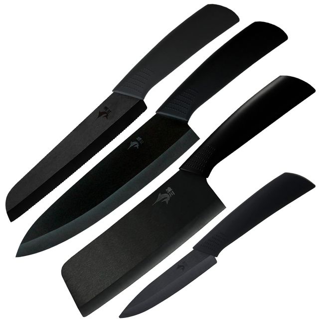 Fisherikawa Knife Set [Ceramic Knife Set of 4] [Chef's Knife, Vegetable Knife, Petty Knife, Bread Knife, Ultra Lightweight, Rust Resistant, Gyu Knife, Nagiri, Peeling Knife, Kitchen Knife, Fruit, Paring Knife, Double-edged (PT-4PCSTZ065h)