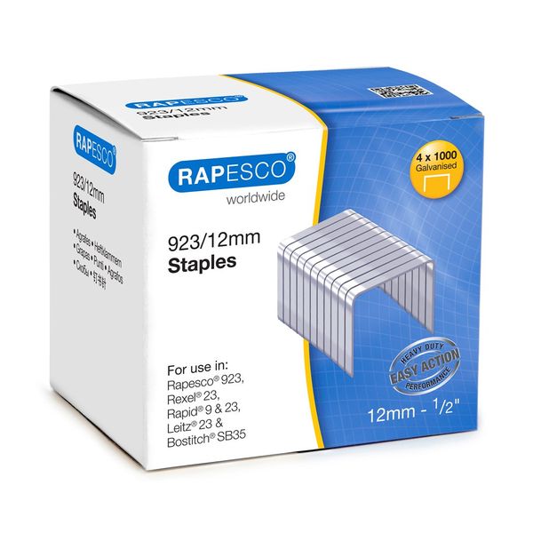 Rapesco S92312Z3 923/12 mm Galvanised Staples, Type 23, Box of 4000