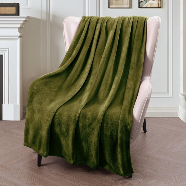 Exclusivo Mezcla Soft Throw Blanket, 127 x 178 CM Fleece Velvet Blanket for Sofa Settees, Fluffy Sofa Throws, Warm, Cozy, Plush and Lightweight Olive Green Blanket