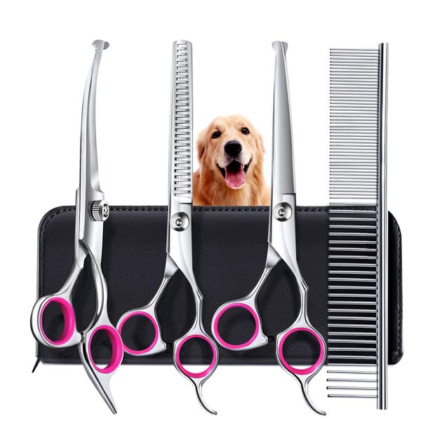 MGOXO Trimming Scissors Dog Grooming Scissors Kit Professional Trimming Scissor Safety Round Tip Stainless Steel Pneumatic Straight Scissors Curved Scissors Long Short Hair Comb For Beginners