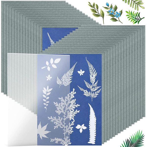 32PCS Cyanotype Paper High Sensitivity Sun Print Paper Nature Printing Paper with PVC Press Plate 15 x 21cm Paper Solar Drawing Paper for Kids and Adults to Arts, Crafts, DIY Projects