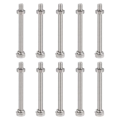 sourcing map M6 x 70mm Hex Head Screws Bolts, Nuts, Flat & Lock Washers Kits, 304 Stainless Steel Fully Thread Hexagon Bolts 10 Sets