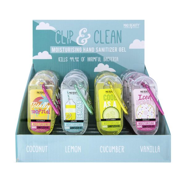 Cucumber, Vanilla, Lemon & Coconut - Cool Collection Clip & Clean Moisturising Travel Hand Sanitizer Gel 30ml Mad Beauty (Set of 4)